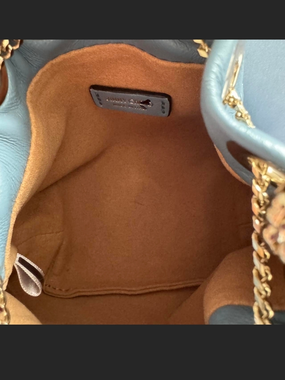 Jimmy Choo Powder Blue Leather Mini Ring-Handle Drawstring Bag - Picture 4 of 5